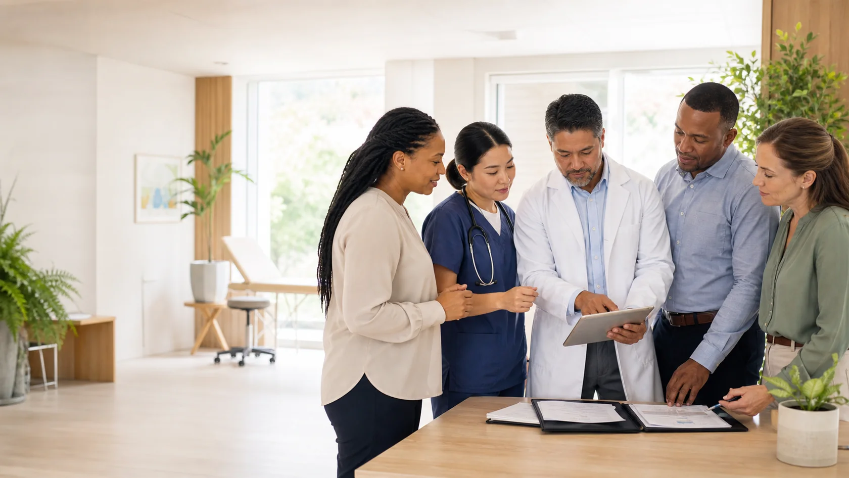 A diverse healthcare ministry team reviewing an operations plan together
